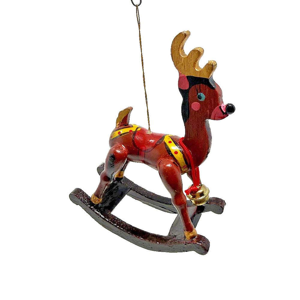 Vintage Hand Painted Wooden Rocking Reindeer Ornament w/ Bell 4.5"